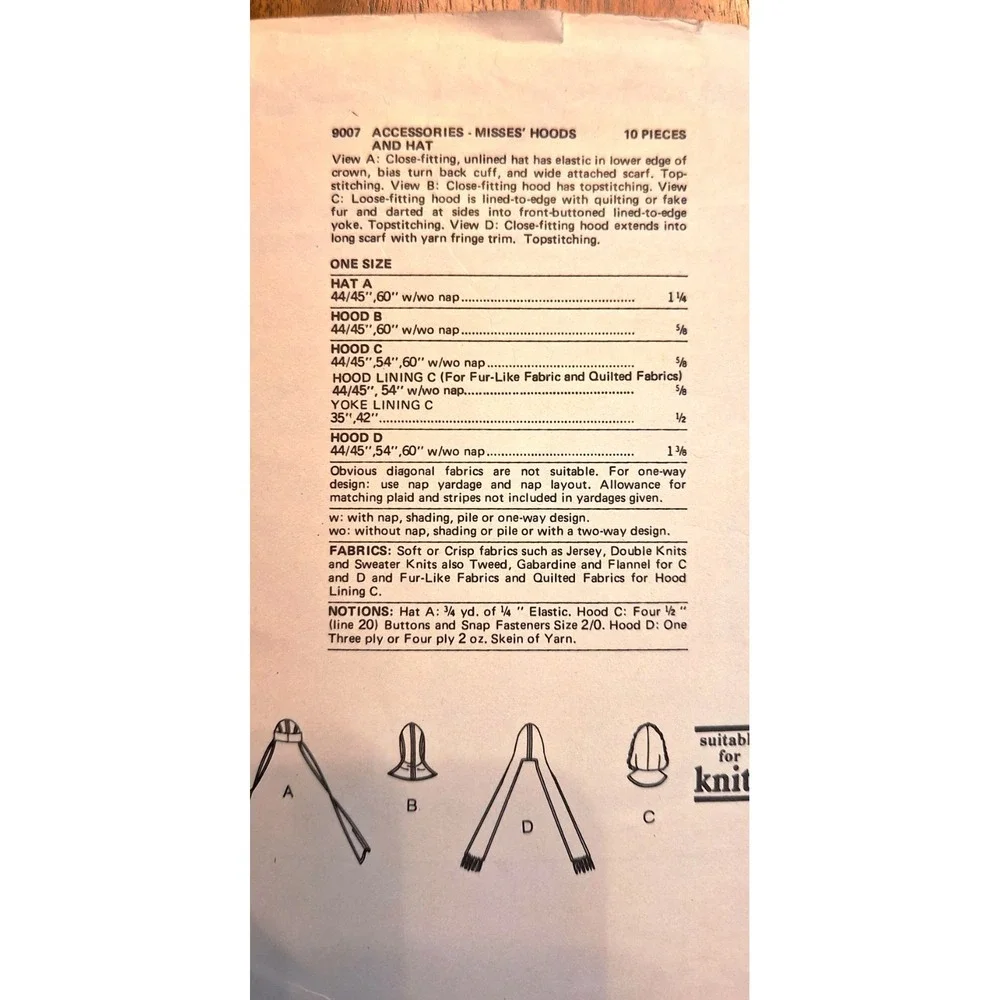 Vogue Patterns Misses' Accessories - Hoods & Hat‎ pattern #9007 One size  1974